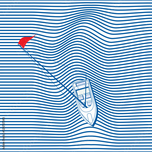 Boat on the sea wave. Vector illustration of a boat sailing without sails on the crest of a sea wave. Sketch for creativity.