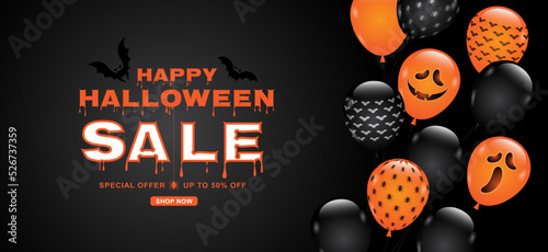 happy halloween sale trick or treat banner template  balloons, bats and spider web on black background decoration for poster, web, sticker and card