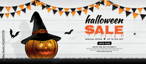 happy halloween sale trick or treat banner template pumpkin with witch hat, bats, flags and spider web on white wooden background decoration for poster, web, flyer, coupon and card vector illustration