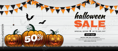 happy halloween sale trick or treat banner template pumpkins, bats, flags and spider web on white wooden background decoration for poster, web, flyer, coupon and card vector illustration