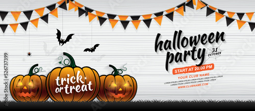 Happy halloween party trick or treat banner template pumpkins, bats, flags and spider web on white wood background decoration for poster, web, flyer, coupon and card vector illustration