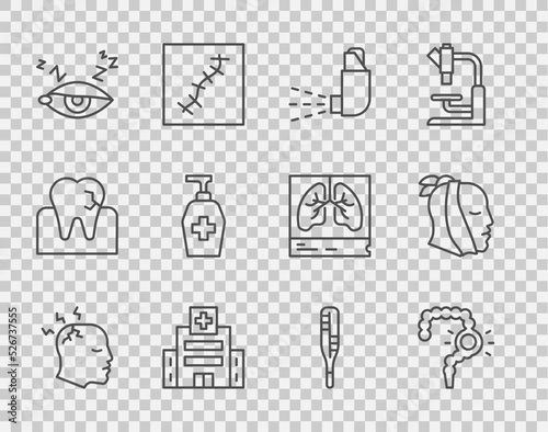 Set line Man having headache, Gut constipation, Inhaler, Medical hospital building, Insomnia, Liquid antibacterial soap, thermometer and Toothache icon. Vector