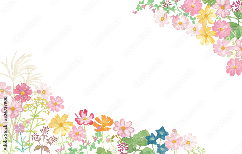 水彩絵の具で描いた秋の花フレーム 水彩絵の具で描いた秋の花フレーム