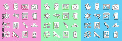 Set line Dictaphone, Sheriff hat with badge, Hand smoke grenade, Police id case, megaphone, Hexagram sheriff, Plastic bag ziplock and Evidence gun icon. Vector