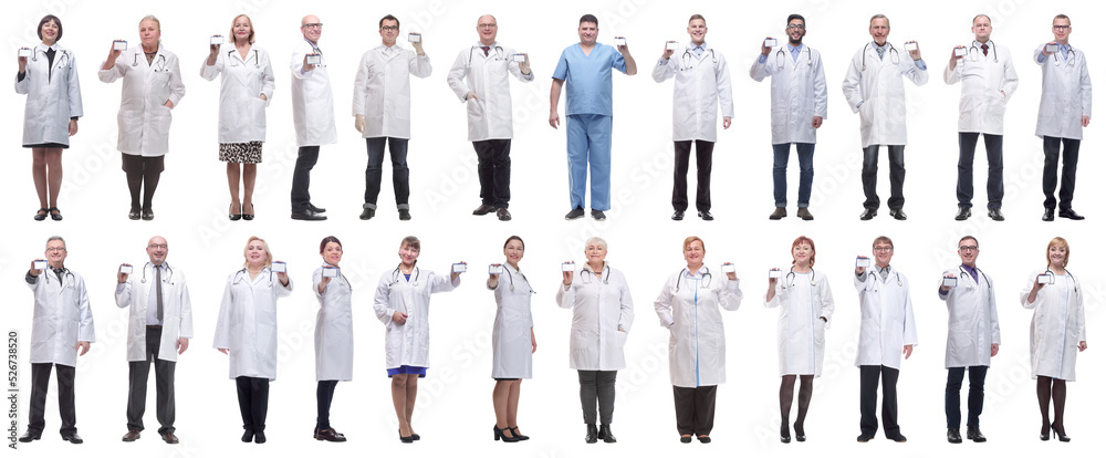 full length group of doctors showing badge isolated