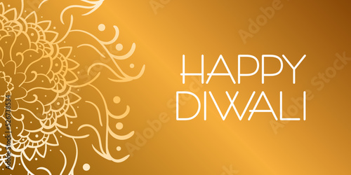 Happy Diwali. Greeting banner with lettering, gold background and mandala