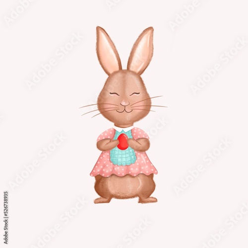 Illustration of a cute cute rabbit in a pink dress. The Easter Bunny is holding an Easter red egg.