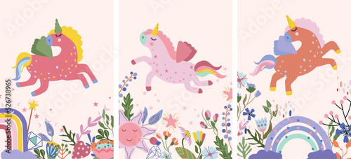 Fantastic Unicorn with colorful flowers and leaves, rainbow, funny sun and other. Poster with magical horse can be used as creating card, banner, birthday and other holidays. Vector illustration.