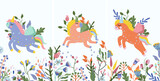 Fantastic Unicorn with colorful flowers and leaves. Poster with magical horse can be used as creating card, banner, birthday and other holidays. Vector illustration.