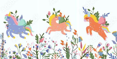 Fantastic Unicorn with colorful flowers and leaves. Poster with magical horse can be used as creating card, banner, birthday and other holidays. Vector illustration.