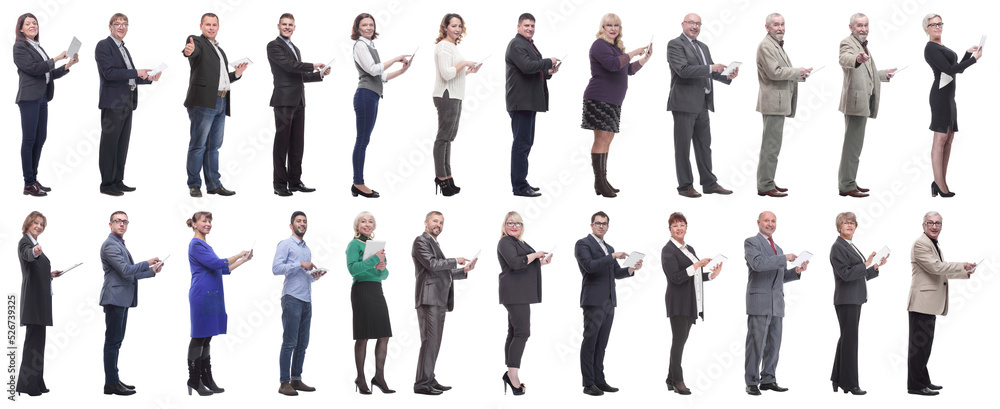 group of people demonstrating tablet looking at camera group of people demonstrating tablet looking at camera