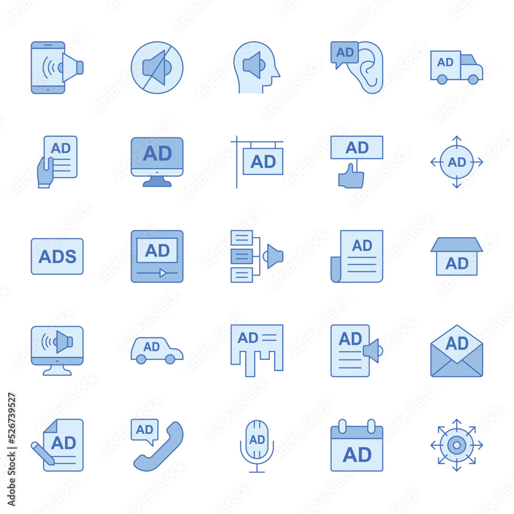 Blue outline icons for Advertising