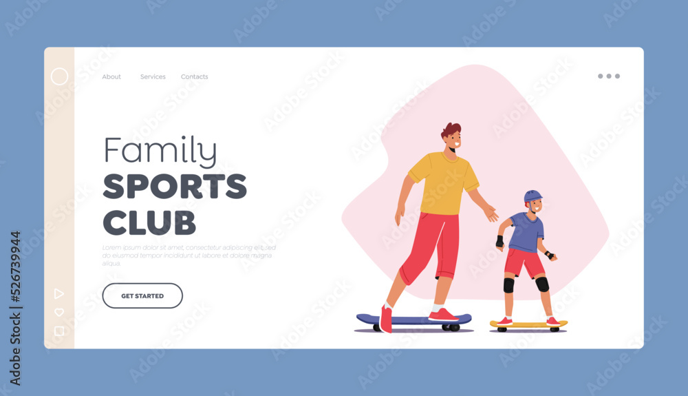 Family Sports Club Landing Page Template. Happy Father and Little Son Characters Riding Skateboard at City Park