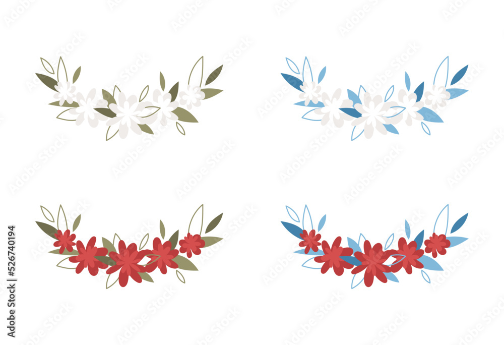 Set of floral wreath with leaves and flowers. Wedding decoration concept. Set of floral wreath with leaves and flowers. Wedding decoration concept.