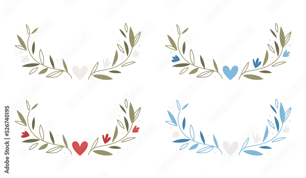 Set of floral wreath. Branch with leaves. Wedding decoration concept.