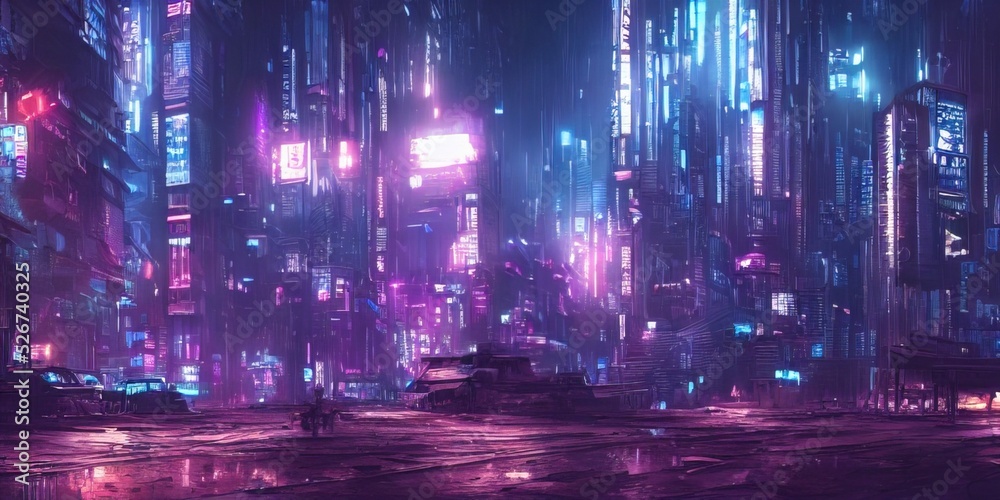 Dystopian futuristic cyberpunk city at night in a neon haze. Blue and purple glowing neon lights. Urban wallpaper. 3D illustration.