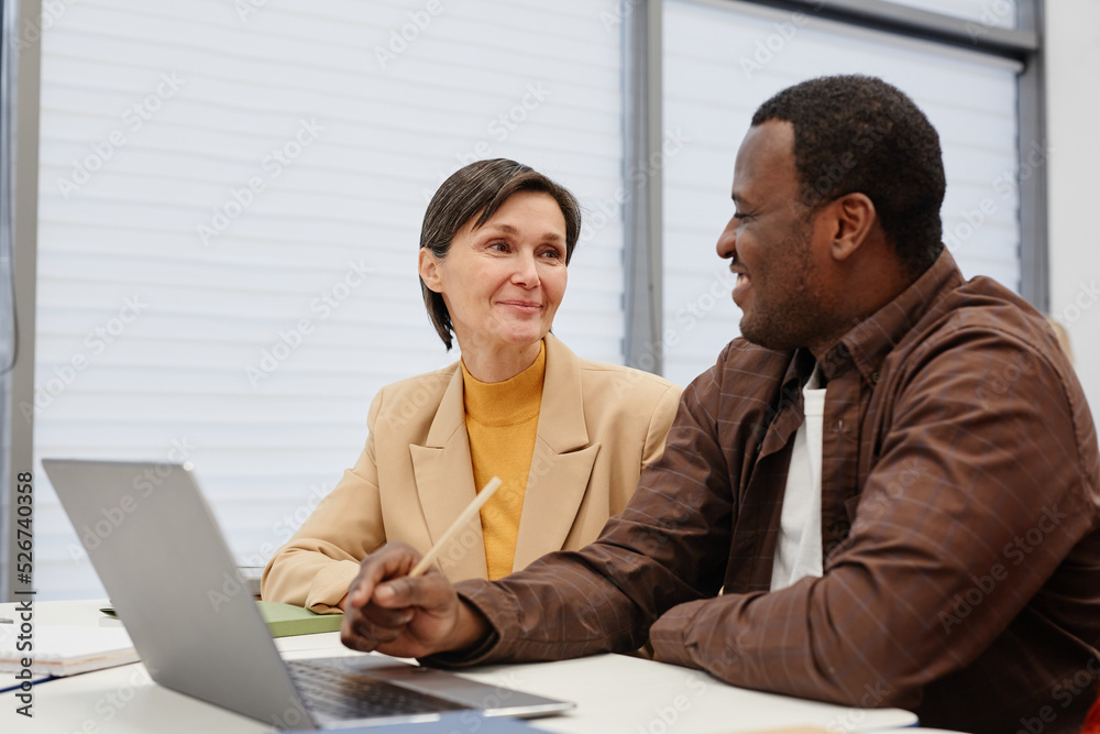 Fototapeta premium Mature woman talking to African teacher while they sitting together at desk and learning computer program on laptop