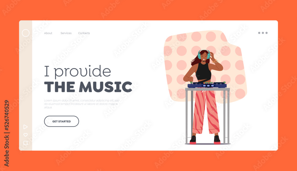 Disk Jockey Landing Page Template. Girl Dj in Nightclub Playing Samples at Mixer Console during Disco Party in Club