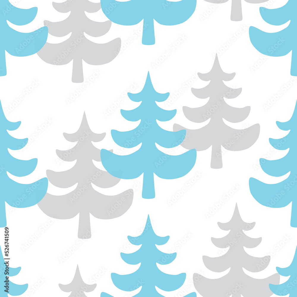 Vector Christmas trees seamless pattern in grey and blue colours.  Vector background with pine silhouettes