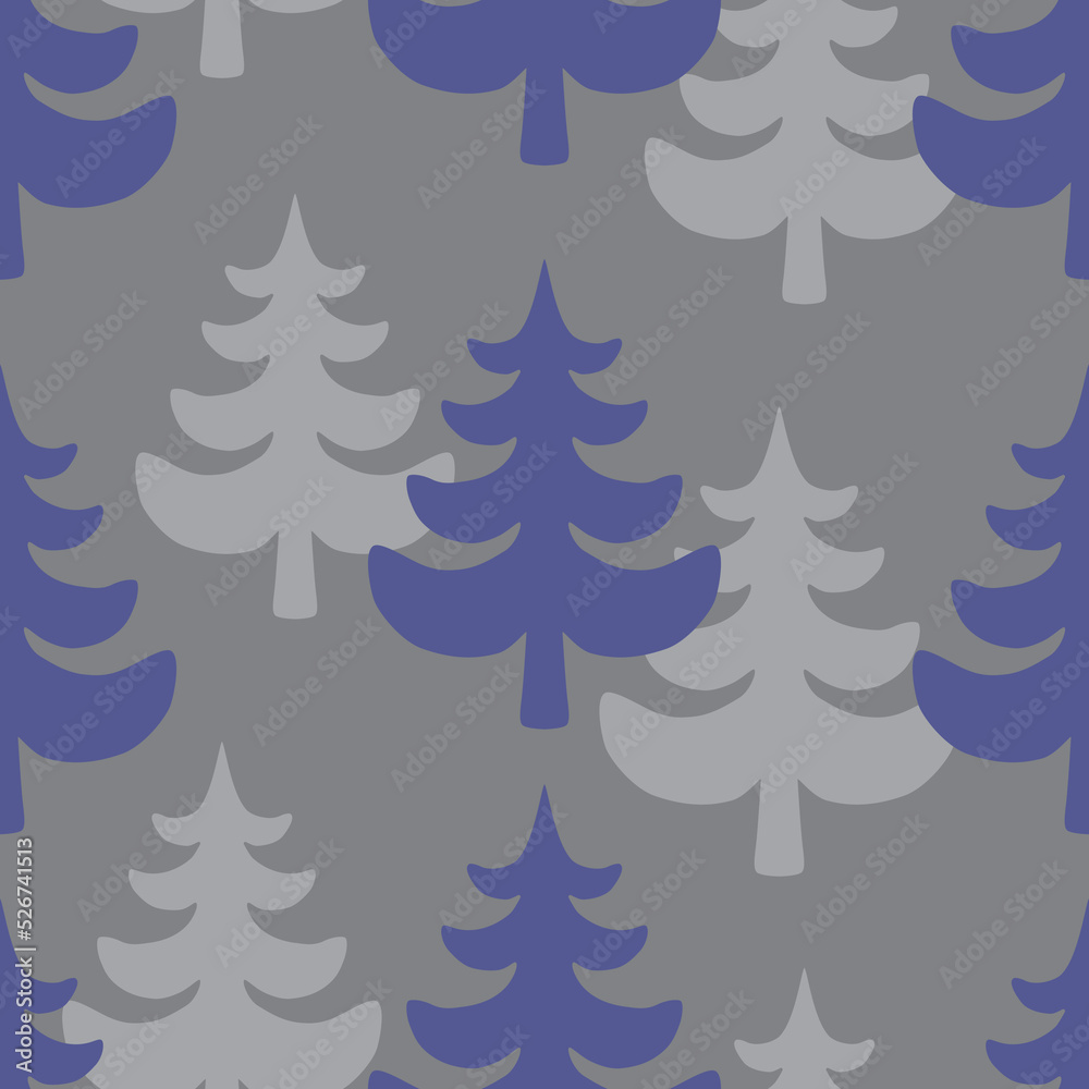 Obraz premium Vector Christmas trees seamless pattern in grey and violet colours. Vector background with pine silhouettes
