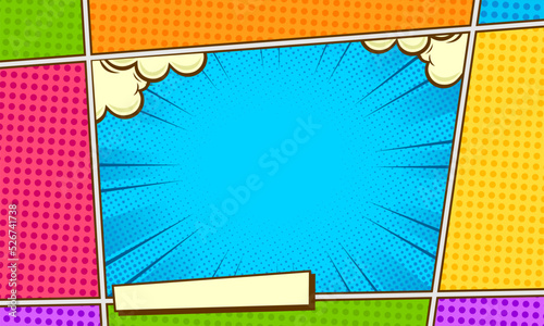 Blank comic note background with city silhouette and cloud