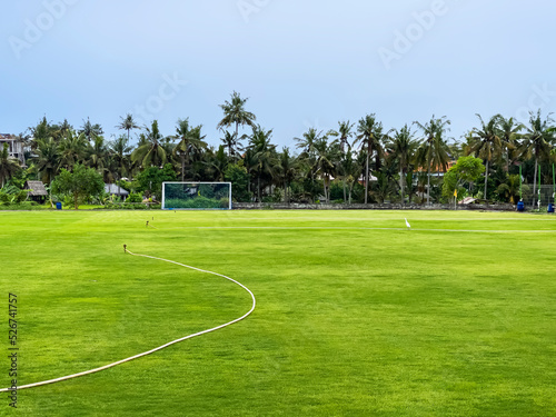 View of a huge football field with a green fresh lawn surrounded by palm trees and trees in Indonesia on the island of Bali