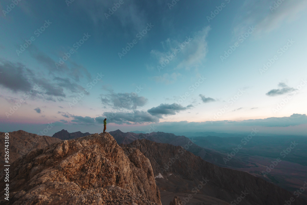 Fototapeta premium The girl is standing on top of the mountain. hiking in the mountains.