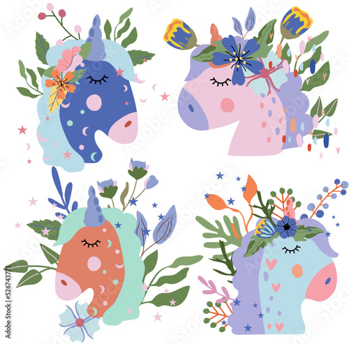 Fantastic Head portrait Unicorn with colorful flowers and leaves. Poster with magical head horse can be used as creating card, banner, birthday and other holidays. Vector illustration.