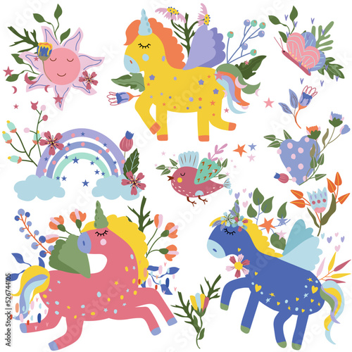 Cute colorful Unicorns with flowers and leaves  cartoon sun  rainbow and other. Magical horses in different poses. Fairy compositions perfect for greeting cards  postcard  banner. Vector.