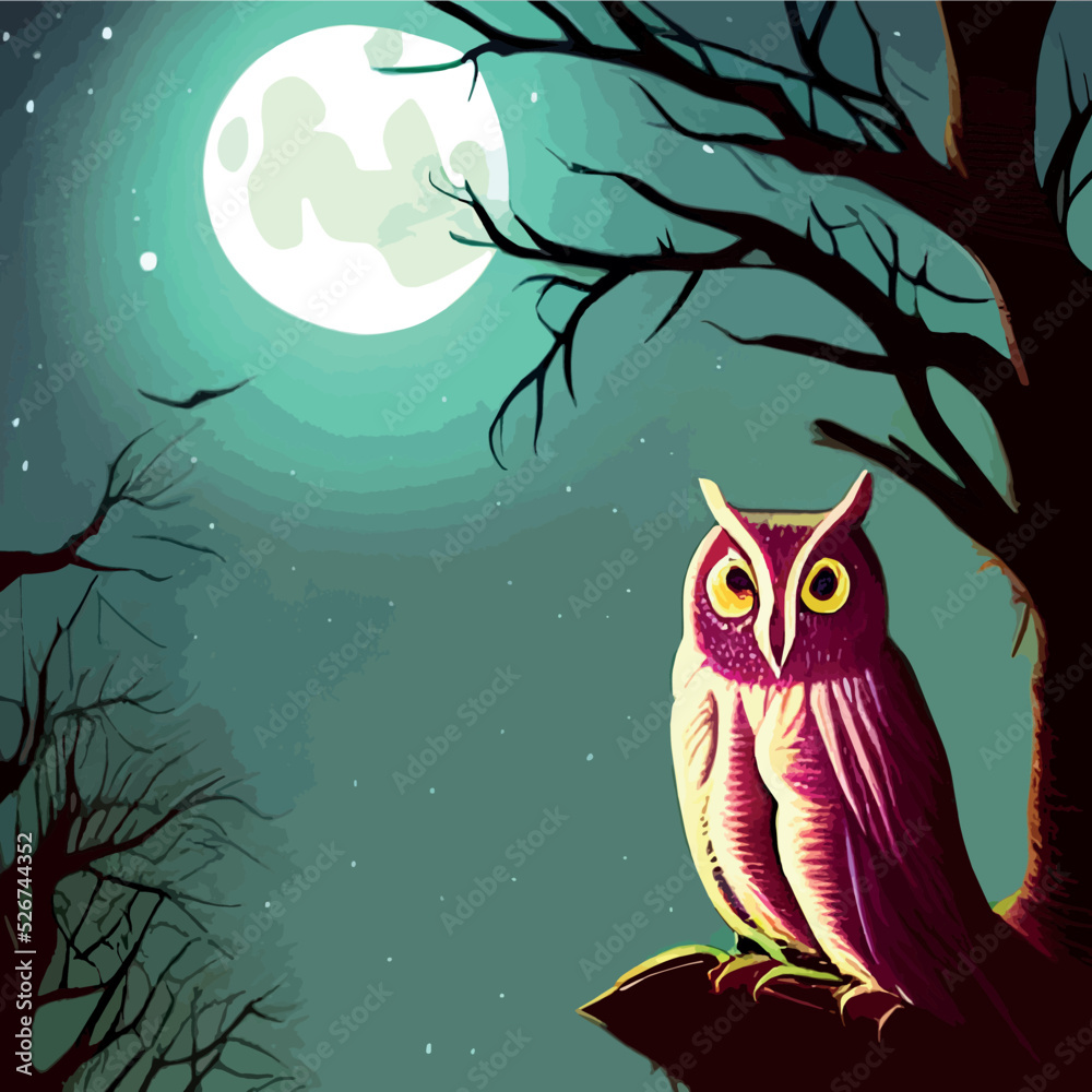 Owl. Realistic bird on dark moon forest background. Dark night ...