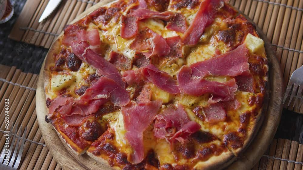 Mouth-watering closeup shot pulling into a upscale pizza. Mouth-watering closeup shot pulling into a upscale pizza.