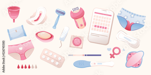 Feminine hygiene products set, menstrual cup, tampon, pad, pregnancy test, condom. Menstrual cycle. Women's Health. Vector illustration


