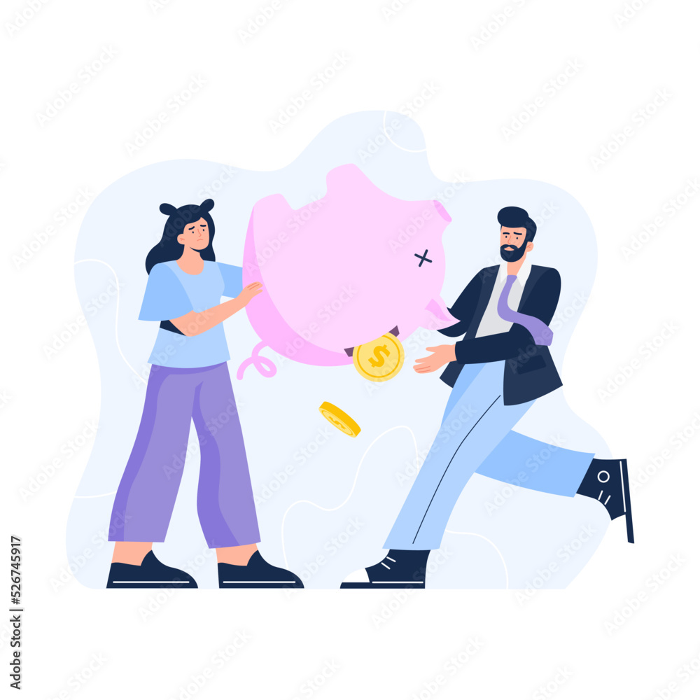 Losing money concept. Financial debt, personal budget expenditures. A young woman and man take last savings from a piggy bank. Vector flat illustration isolated on the white background. Losing money concept. Financial debt, personal budget expenditures. A young woman and man take last savings from a piggy bank. Vector flat illustration isolated on the white background.