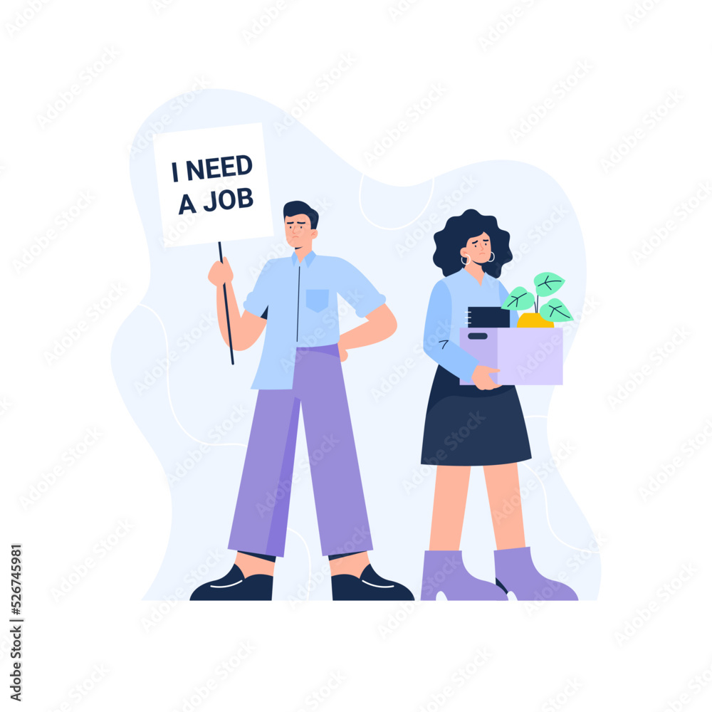 Unemployment concept. Unemployed people in the covid-19 virus crisis and the economic collapse. People are fired and looking for a new jobs. Vector flat illustration isolated on the white background.