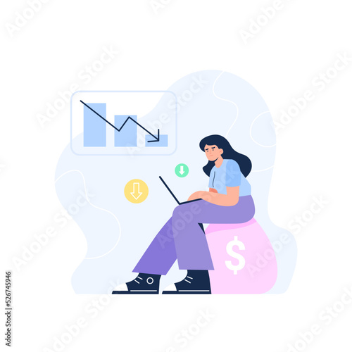 Inflation concept. The financial crisis, decrease the value of the currency. A woman loses savings due to inflation. Vector flat illustration.Vector flat illustration isolated on the white background.