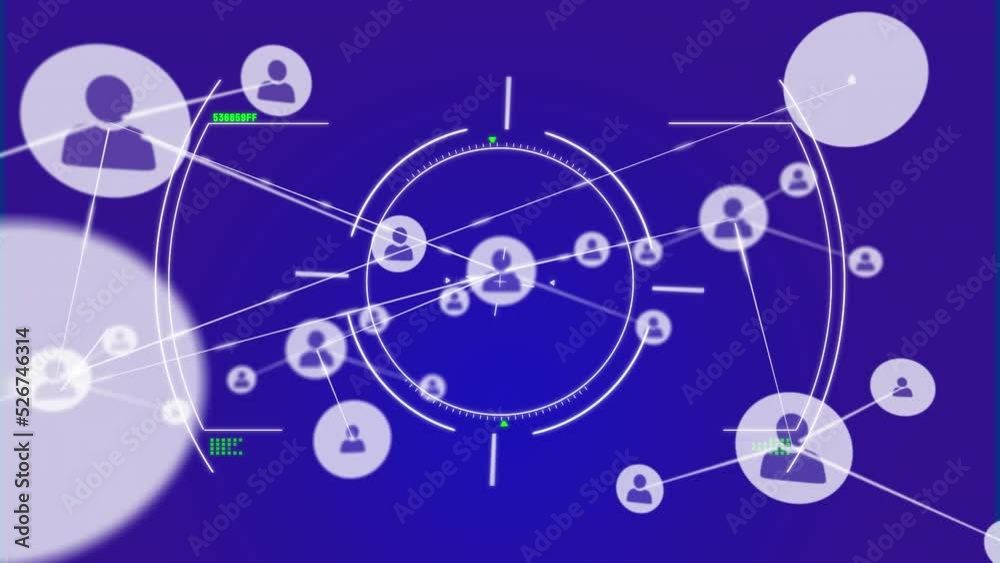 Animation of scope scanning over network of profile icons against blue background Animation of scope scanning over network of profile icons against blue background