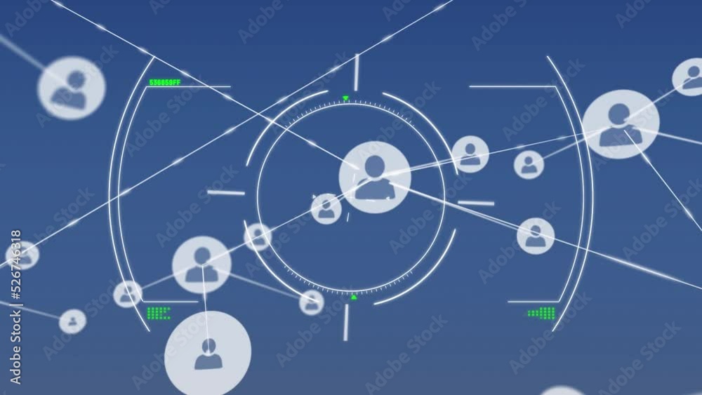 Animation of scope scanning over network of profile icons against blue background Animation of scope scanning over network of profile icons against blue background