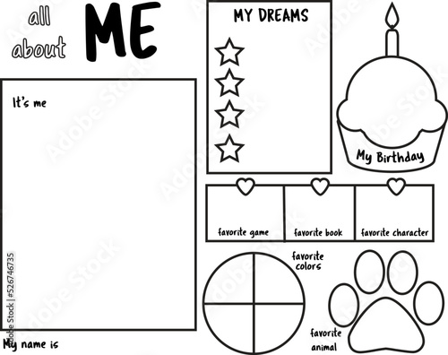 All about me. Writing prompt for kids blank. Educational children page. photo