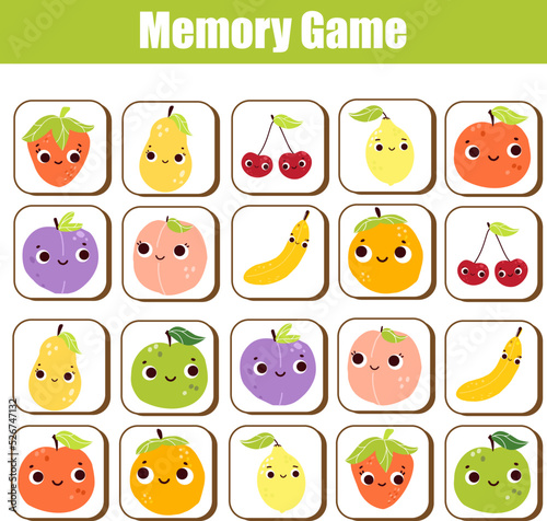 Memory game for toddlers with funny fruits. Educational children board game