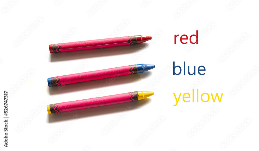Crayon. 3 crayons, red, yellow, blue with letters showing the name according to the color characteristics. on a white background. Crayon. 3 crayons, red, yellow, blue with letters showing the name according to the color characteristics. on a white background.