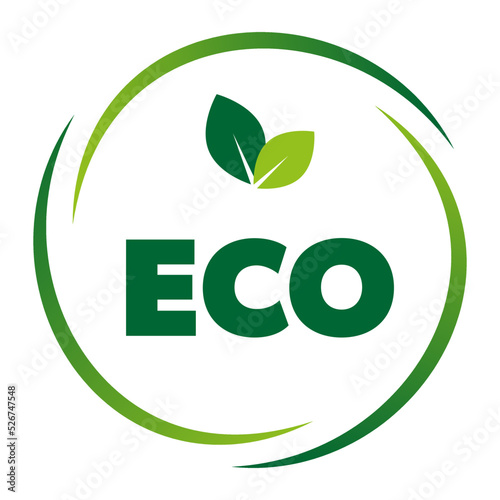 Eco product label, sticker, badge and logo. Eco food icon. Logo template with green leaves for eco food. Vector illustration.