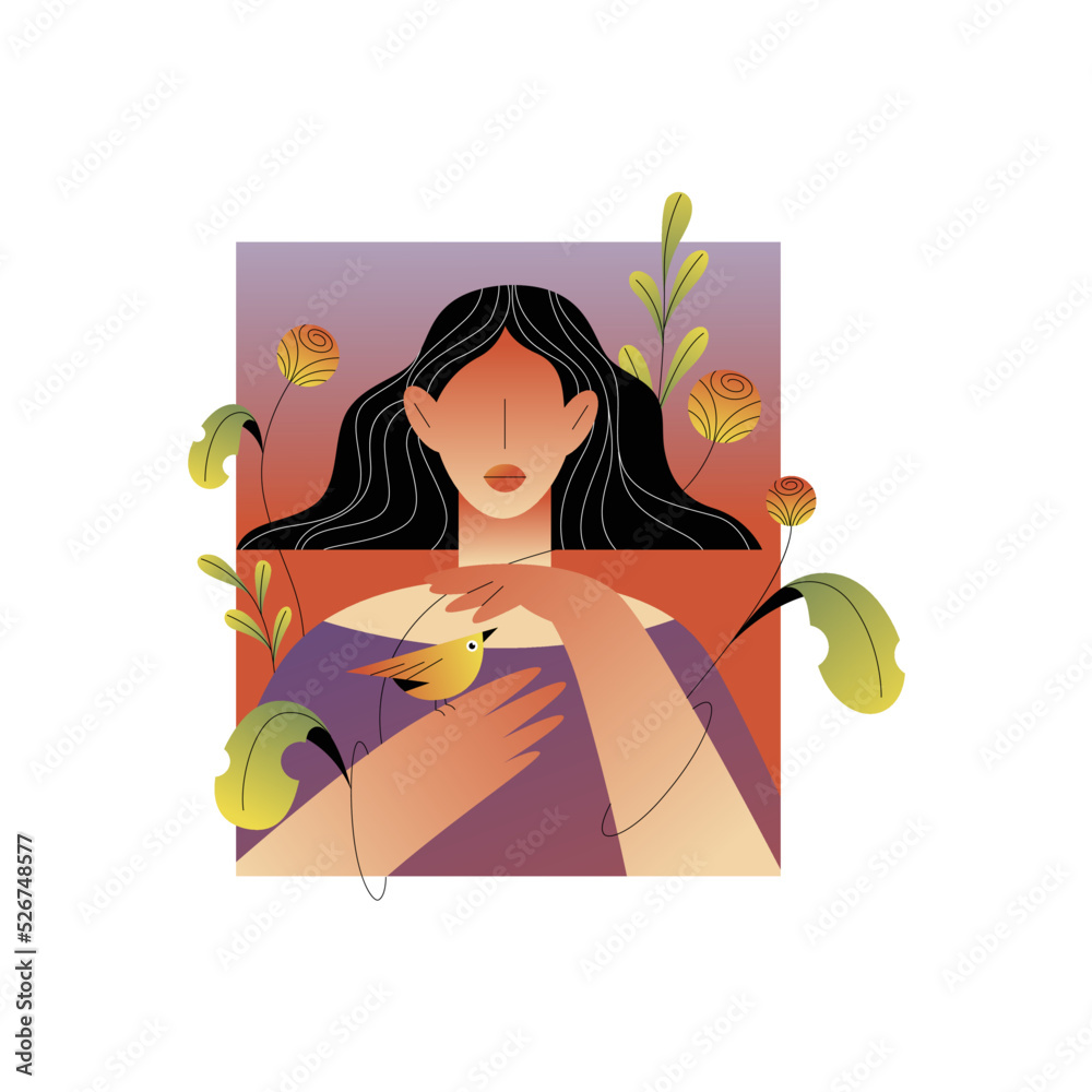 Woman with Little Birdie on Her Hand Among Blooming Flower and Foliage Vector Illustration. Female and Beautiful Nature Concept Woman with Little Birdie on Her Hand Among Blooming Flower and Foliage Vector Illustration. Female and Beautiful Nature Concept