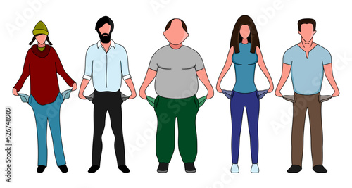 Group of people showing empty pockets on white background.