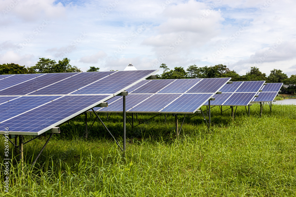 Low angle view, numerous solar panels for renewable energy are installed on the ground. Low angle view, numerous solar panels for renewable energy are installed on the ground.