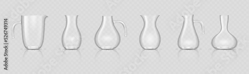 Glass jugs and pitchers 3d realistic set. Empty pitchers with handle, threaded jug and glossy bottle