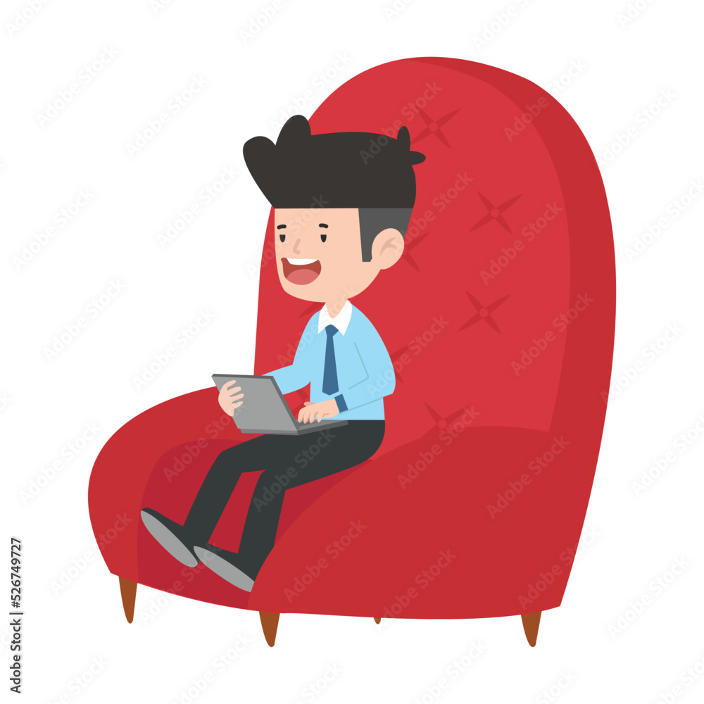Businessman using computer in red chair
