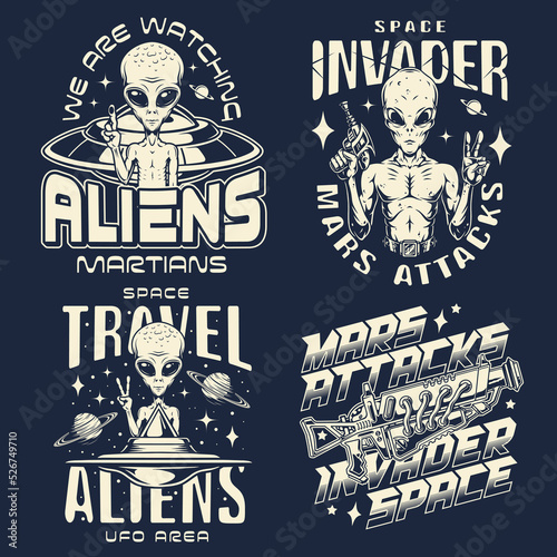 Aliens Martians set monochrome sketch