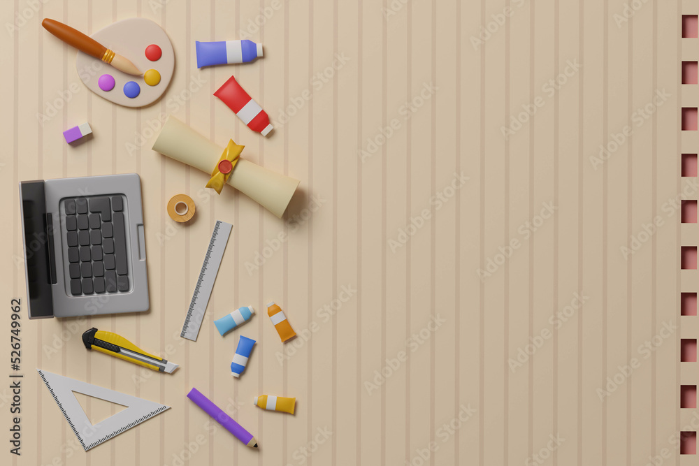 Back to school concept background with books and accessory 3D Render Back to school concept background with books and accessory 3D Render