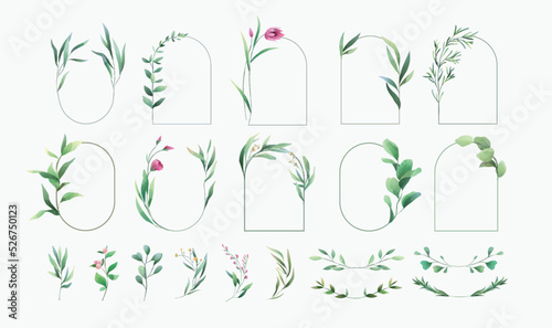 Floral branch and minimalist flowers for logo or tattoo. Hand drawn line wedding herb, elegant leaves for invitation save the date card. Botanical rustic trendy greenery