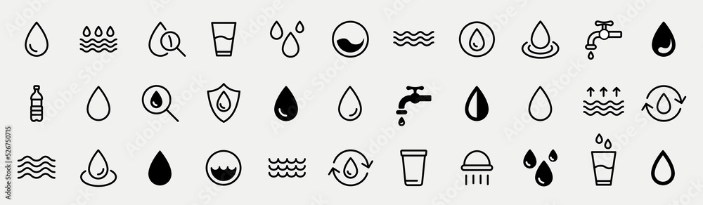 Water drops icon set. Editable vector pack of water line icons. A drop of water. Glass, magnifier, washing hands, shower. Vector illustration